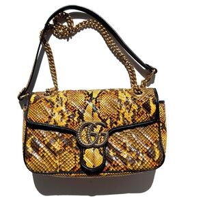 GUCCI GG Marmont Matellase Small Python Snakeskin Black Yellow Crossbody Bag